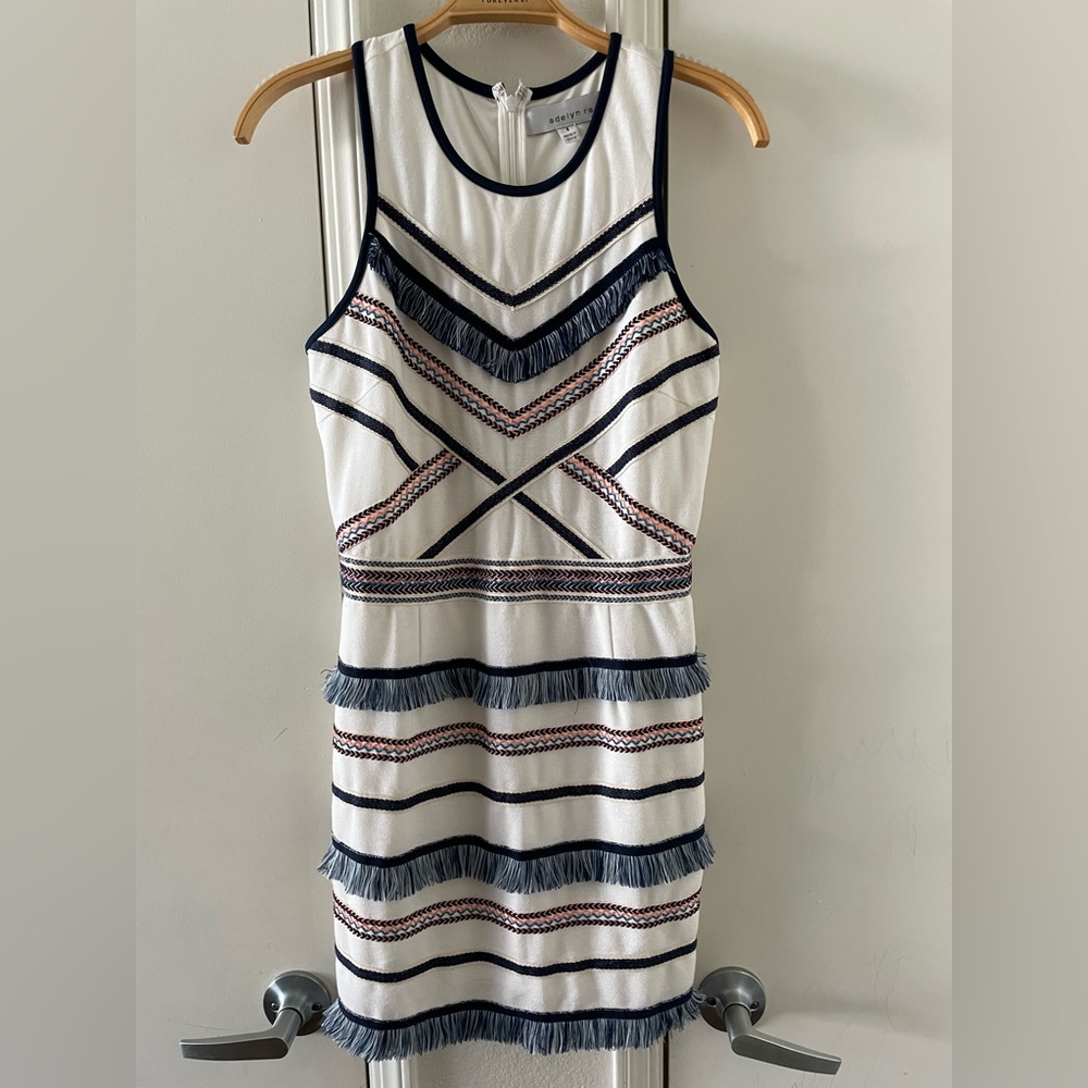 Antropologie Adelyn Rae Embroidered Blue and White Fringe Sheath Dress - Picture 3 of 7